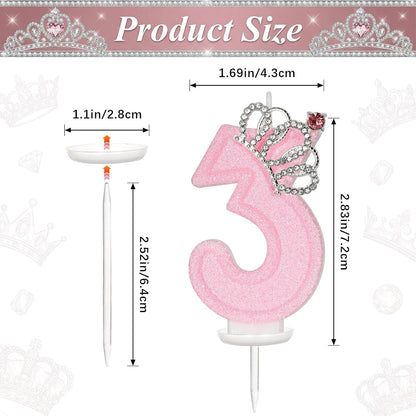 Pink Crown Number 3 Birthday Candle, 3Rd Birthday Crown Girl, Princess Cake Topper, Anniversary Celebrations Party Supplies4