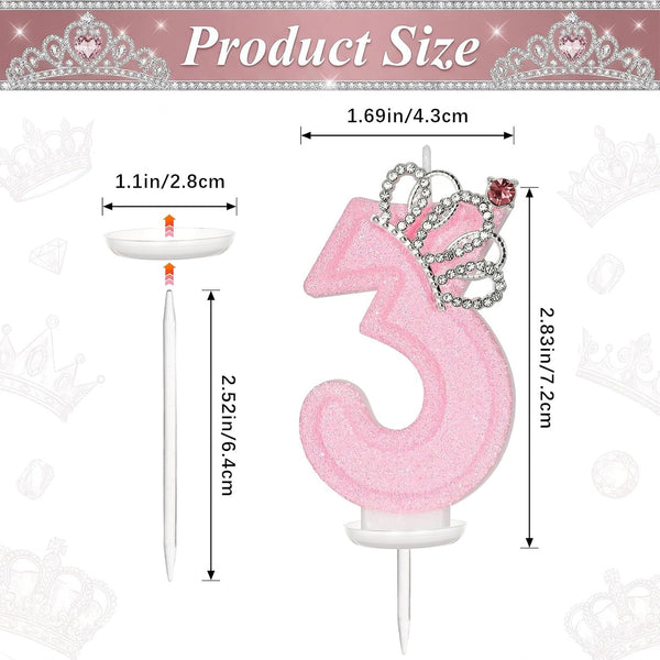 Pink Crown Number 3 Birthday Candle, 3Rd Birthday Crown Girl, Princess Cake Topper, Anniversary Celebrations Party Supplies4