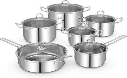 12 Piece Pots & Pans Set, Stainless Steel Cookware Set with Tempered Glass Lids, Handles & 3-Ply Base, 4 Stockpots, 1 Frying Pan & 1 Sauce Pan for Stovetop, Induction, Halogen1