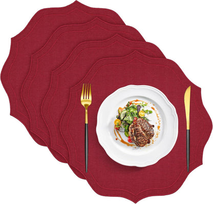 Faux Linen round Placemats Set of 4, Washable Wrinkle-Resistant Non-Slip Table Placemats, Double-Sided Scalloped Embroidered Fabric Placemats for Kitchen Dining Table Decor, 15.35", Burgundy1