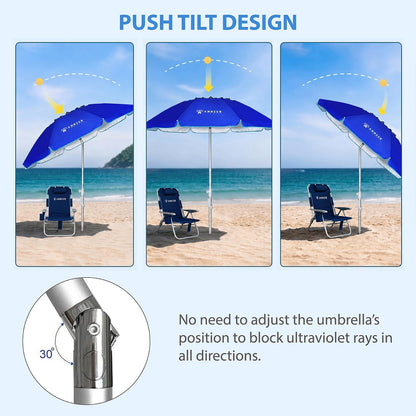 6.5Ft Twice Folded Portable Beach Umbrella with Sand Anchor Windproof, Push Button Tilt and Air Vent UPF 50+ Protection Fits in a Large Suitcase for Patio Garden Beach Pool Backyard Blue3