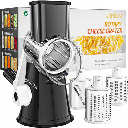 Rotary Cheese Grater Hand Crank Cheese Shredder, Black | for Fresh Cheese, Vegetable, Nuts,Non-Slip Suction Base, Three Blades1