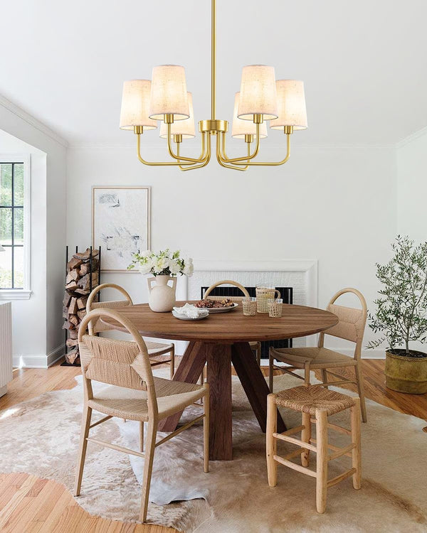 6-Light Gold Chandelier for Dining Room, No Assembly Modern Chandelier Light Fixture with White Linen Shades, UL Listed 25" Farmhouse Brass Dining Room Light Fixture Bedroom Entryway Foyer3