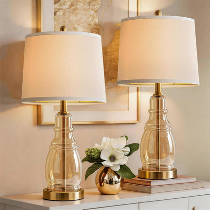 Glass Table Lamp Set of 2, Modern Table Lamps for Living Room Bedroom, Bedside Desk Lamps Vintage Nightstand Lamps with Linen Shades, 22", Champagne1