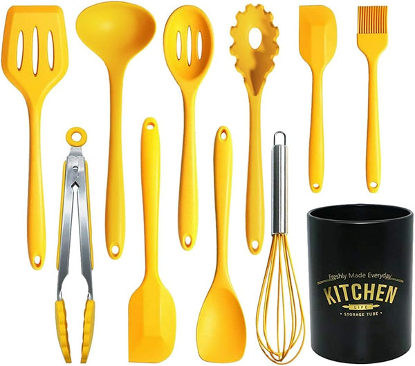 11Pcs Silicone Cooking Utensils Set - Heat Resistant Kitchen Tools, Spatula, Turner, Tongs, Spoon, Whisk, BPA Free, Dishwasher Safe, Nonstick Cookware Utensils (Yellow)1