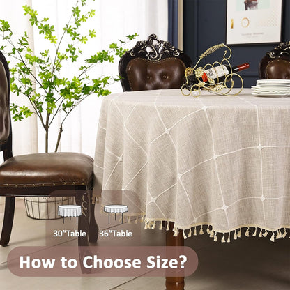 Round Tablecloth, Boho Plaid Tassel round Table Cloth, Heavy Weight Cotton Linen Table Cover for Kitchen Dining Farmhouse Party Tabletop Christmas Picnic Decoration (55Inch, Beige)4