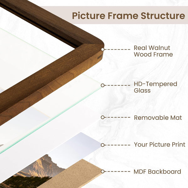 6X8 Picture Frame, Solid Walnut Wood with Mortise and Tenon Joinery, Handcrafted Photo Frame with Mat for 5X7, High-Definition Tempered Glass, Wall or Tabletop Display4