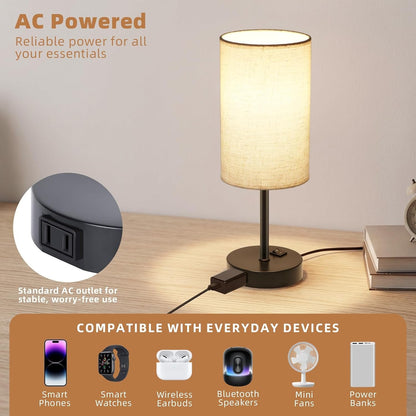 Table Lamp for Bedroom Set of 2, Bedside Small Lamps with 3 Way Dimmable Rocker Switch and AC Outlet, Nightstand Desk Lamp with Flaxen Fabric Shade Black Base for Living Room Home Decor Lights | E26 Bulbs,Ac Outlet,3 Way Dimmable,Rocker Switch,Desk Lamp Flaxen Fabric Shade Black Base 2Pack Bedroom Living Room Dorm Lamp5