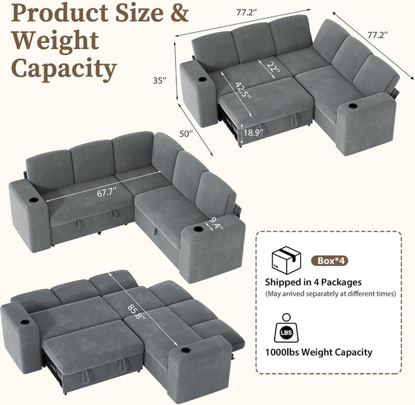 Sectional Sleeper Sofa with Pull Out Couch Bed, 5 Seats Modular L Shaped Cloud Couch with Storage Chaise, Dual Arm Storage & USB Charging, Adjustable Backrest Sofa, Grey Corduroy2
