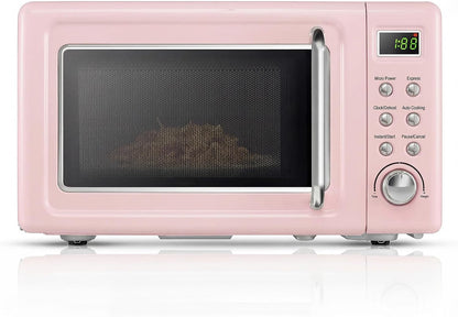 Retro Microwave 0.7Cu.Ft, 700 Watt Countertop Microwave | 5 Micro Power Defrost, Auto Cooking Function, LED Display, Child Lock, Pink Small Microwave for Kitchen, RV, Dorm1