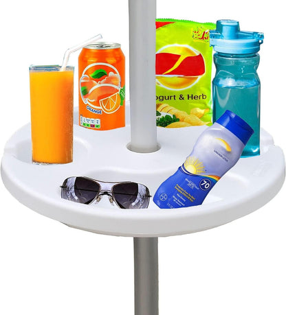 13" Portable Beach Umbrella Table Tray White | for Beach, Patio, Garden, Swimming Pool with Cup Drinks Holders, Snack Compartments Lightweight and Easy to Carry1