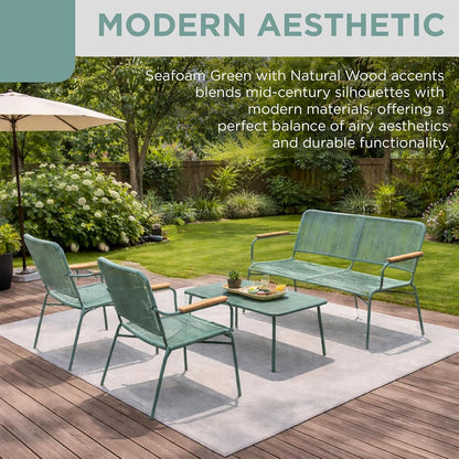 Alpine Corporation VTFAM170A 4-Piece Outdoor Rope Woven Patio Conversation Set – Sofa Bench, 2 Armchairs & Coffee Table – Modern Metal Frame with Wood Armrests – Indoor/Outdoor Seating Set2