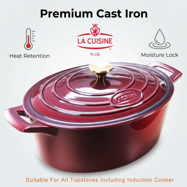 La Cuisine Enameled Cast Iron Oval Dutch Oven Casserole Dish Pot with Lid 5 QT Internal Matt Black Enamel Coating, Cranberry, Gold-Plated Stainless Steel Lid Handle, Oven Safe2