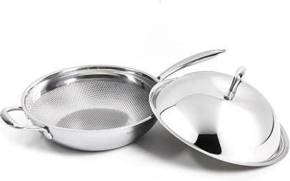 Honeycomb 3Ply Stainless Steel Wok Pan 11 Inch/28Cm with Lid Flat Bottom - Coating-Free Non-Stick Stir Fry Pan - Advanced, Scratch-Resistant Design with Stay-Cool Long Handle1