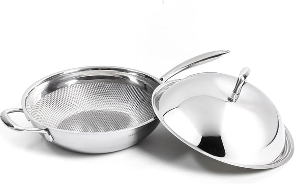 Honeycomb 3Ply Stainless Steel Wok Pan 11 Inch/28Cm with Lid Flat Bottom - Coating-Free Non-Stick Stir Fry Pan - Advanced, Scratch-Resistant Design with Stay-Cool Long Handle1