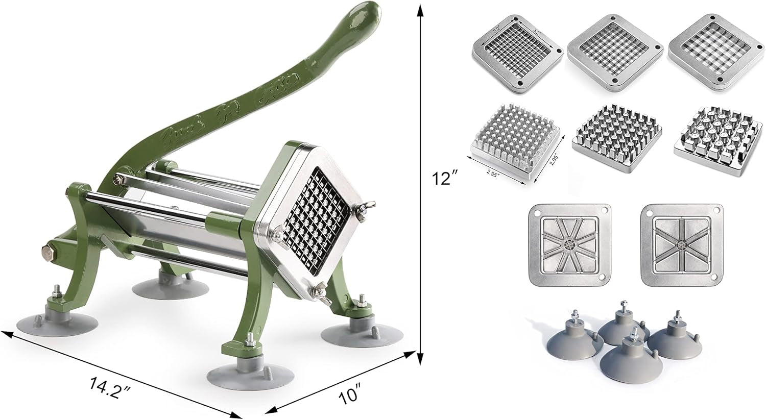 commercial-grade-french-fry-cutter-with-complete-combo-sets-die-cast-iron-and-18-8-stainless-steel-1-4-inch-3-8-inch-1-2-inch-6-wedge-and-8-wedge-replacement-blades