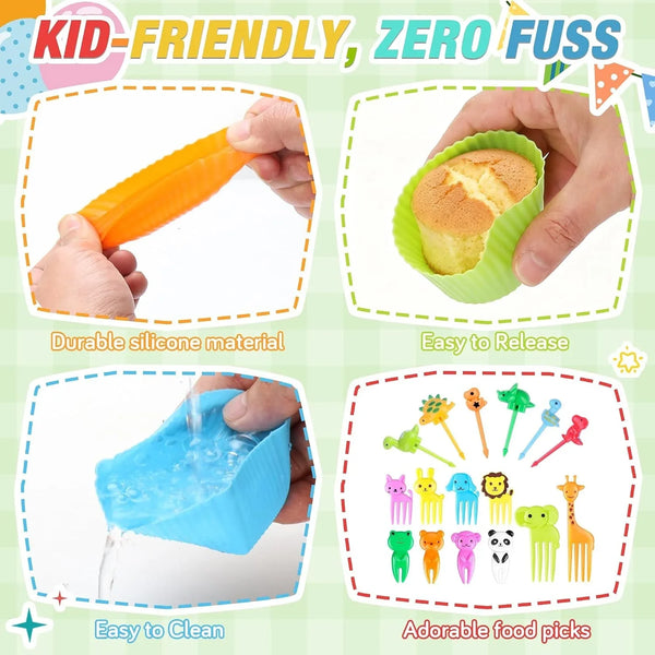80PCS Silicone Lunch Box Dividers Kit, Cute Lunchbox Bento Box Accessories | 20PCS Reusable Silicone Cupcake Liners, Muffin Baking Cups, 60PCS Fun Animal Food Picks for Kids Boys Girls, School Supplies5
