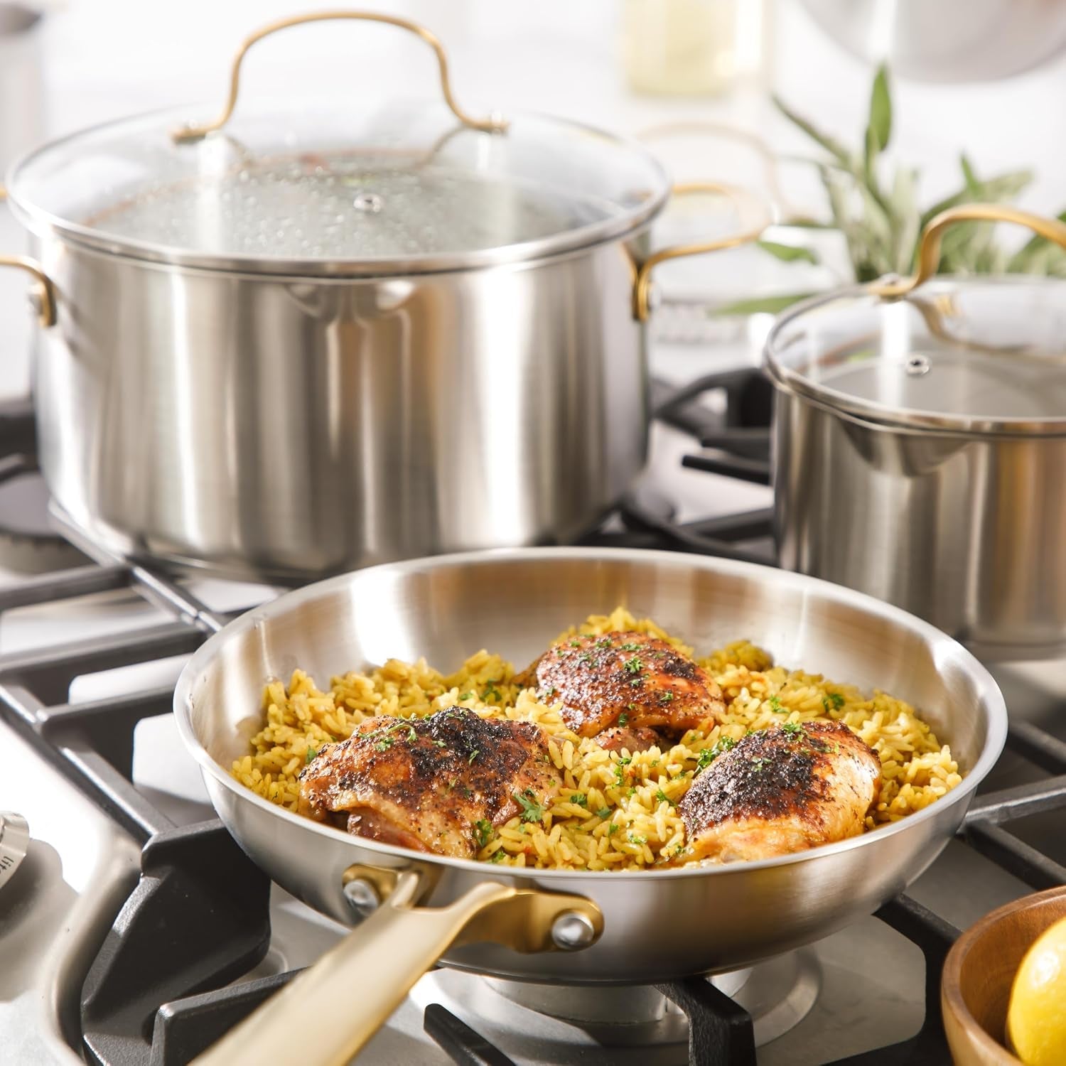oster-platinum-sunstreak-pots-and-pans-set-10-piece-stainless-steel-cookware-set-with-glass-strainer-lids-and-gold-handles-induction-cookware-set