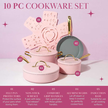 Iconic Nonstick Pots and Pans Set, Multi-Layer Nonstick Coating, Matching Lids with Gold Handles, Made without PFOA, Dishwasher Safe Cookware Set, 10-Piece, Pink3