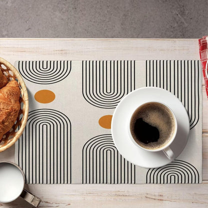Boho Mid Century Placemats 12X18 Inch Set of 6, Abstract Simple Sun Arch Pattern Table Place Mat Boho Modern Yellow Spot Washable Table Mats Decorative Linen Fabric Table Mat for Dining Table5