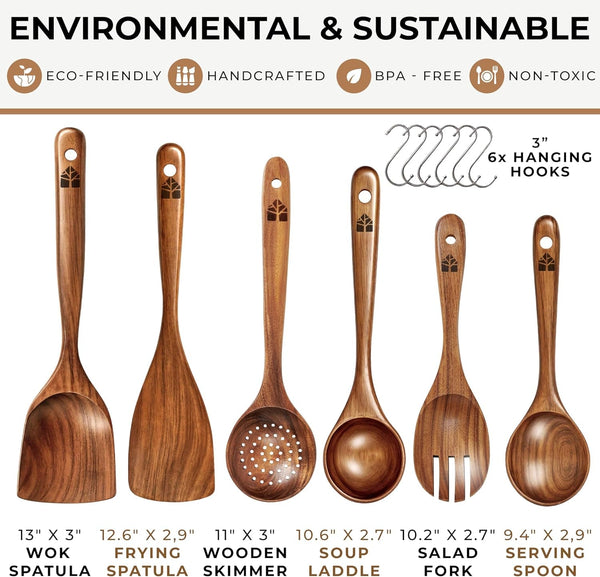 Wooden Spoons for Cooking 6 Pcs, Teak Wooden Utensil Set with Hanging Hooks4