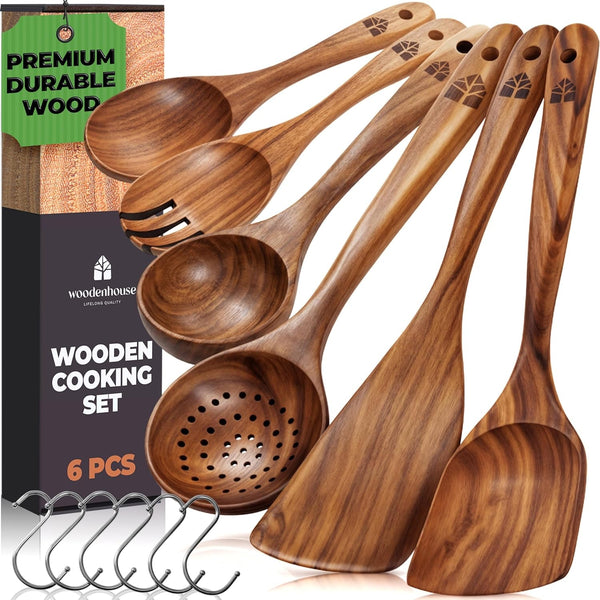 Wooden Spoons for Cooking 6 Pcs, Teak Wooden Utensil Set with Hanging Hooks1
