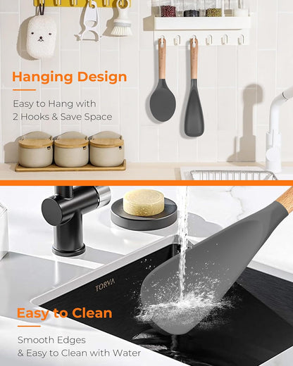 Cooking Spoon Multifunction Spoonula Silicone Spatula Spoon 2-Pack, Dual-Use Heat Resistant 446°F, Bpa-Free Non-Toxic Wooden Handle Rice Spoon Set for Non-Stick Cookware & Rice Cookers6