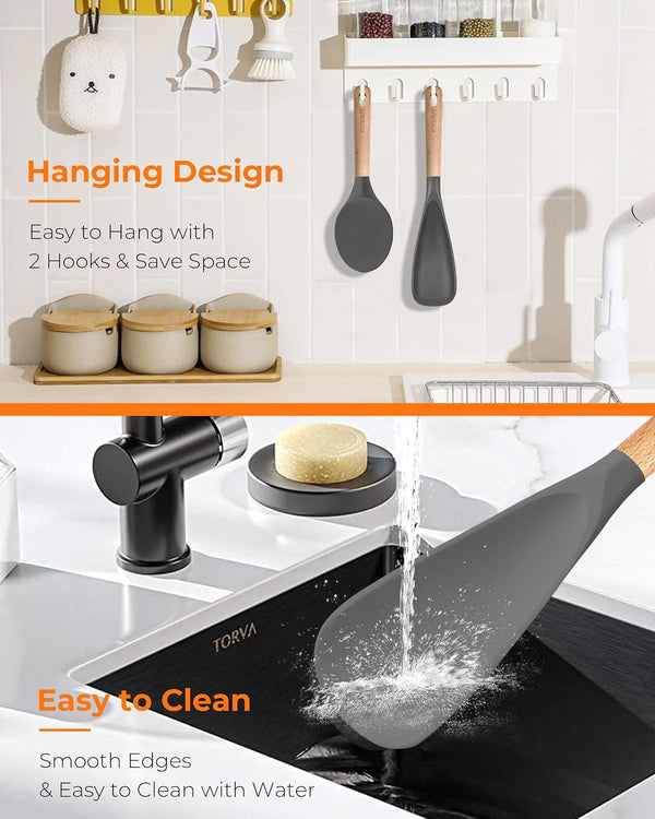 Cooking Spoon Multifunction Spoonula Silicone Spatula Spoon 2-Pack, Dual-Use Heat Resistant 446°F, Bpa-Free Non-Toxic Wooden Handle Rice Spoon Set for Non-Stick Cookware & Rice Cookers6