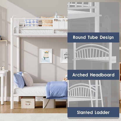 Metal Bunk Bed Twin over Twin with Storage Bag, 2 Twin Size Beds with Safety Guard Rails and Anti-Tip Nails for Teenager,Girls or Boys （White）6