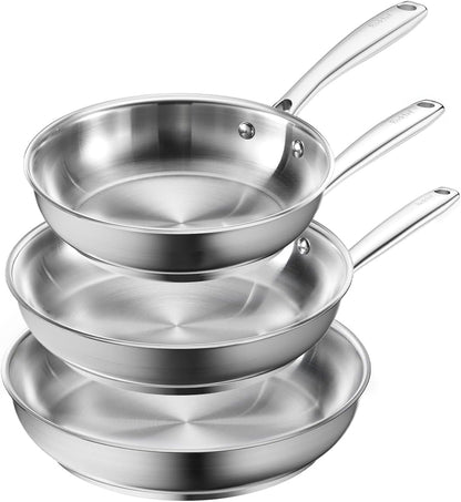Stainless Steel Frying Pan Set, Induction Kitchen Cookware Set, Non-Toxic Uncoated Skillets for Searing & Cooking, Oven Safe Stainless Steel Cookware Set, 3-Piece (8", 9.5", 11")1