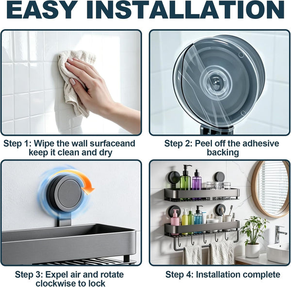 Shower Caddy Suction Cup 2 Pack with Hooks & Towel Rack, No Drilling7