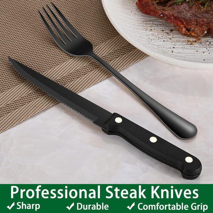 Black 49 Pieces Stainless Steel Flatware Sets with Organizer,Black Silverware Sets with Steak Knives Service for 8,Black Tableware Cutlery Sets for Home Kitchen6