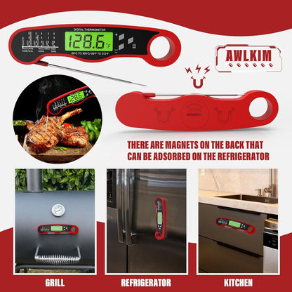 Meat Thermometer Digital, Instant Read Food Thermometer, Red | Waterproof Cooking Thermometer with Doneness Chart, Backlight, F/C Switch for BBQ, Candy, Oil6