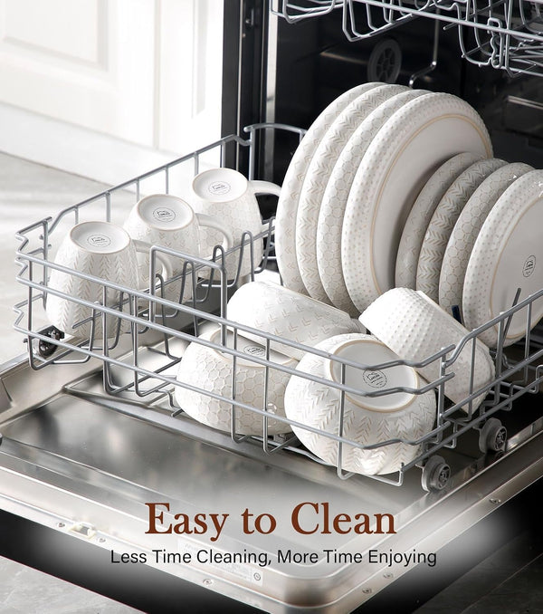 24 Piece Dinnerware Sets for 8 - Farmhouse Style Stoneware Plates and Bowls Sets - Scratch Resistant & Dishwasher Safe, Embossed Boho Ceramic Dish Set, Stack Compactly Dishware - Ivory White7