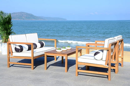 SAFAVIEH Outdoor Collection Montez Natural/ White Cushions/ Striped Bolster Pillows 4-Piece Conversation Patio Set6