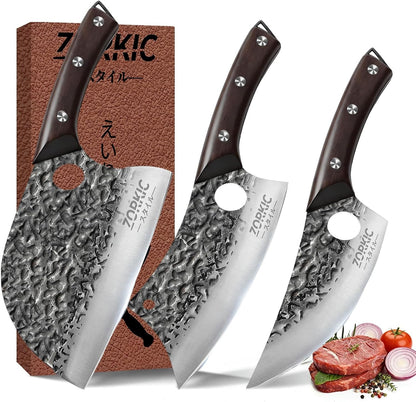 Butcher Knife Set 3PCS, Hand Forged Serbian Chef Knife & Meat Cleaver & Viking Knife, Food Cutting Kitchen Knife for Home, Outdoor Cooking, Camping BBQ Gift for Men1