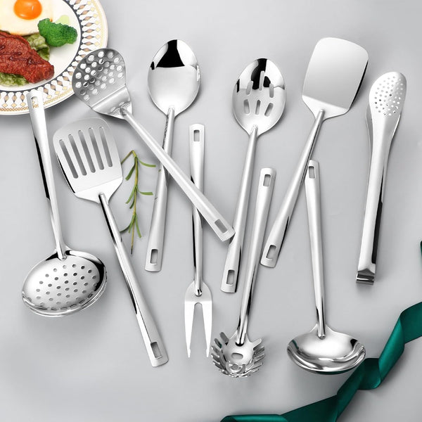 Kitchen Utensils Set, 11Pcs Stainless Steel Cooking Utensils Set with Holder – Includes Turners, Potato Masher, Spatula, Spoons, Pasta Server, Tongs, Soup Ladle, Serving Spoon7