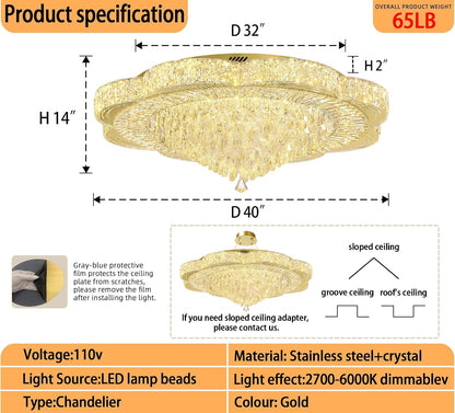 Modern Crystal Chandelier for Living Room 40In Gold Crystal Raindrop Ceiling Light for Room Bedroom LED Dimmable 3000-6000K3