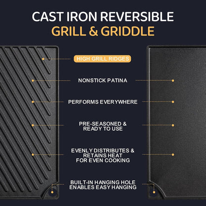 Reversible Grill/Griddle, 16.7X9.5'' Pre-Seasoned Cast Iron Griddle Pan, Double Burner Cookware, Rectangular Stovetop Griddle with Handles, Flat Top Plate for Oven, Grill & Campfire7