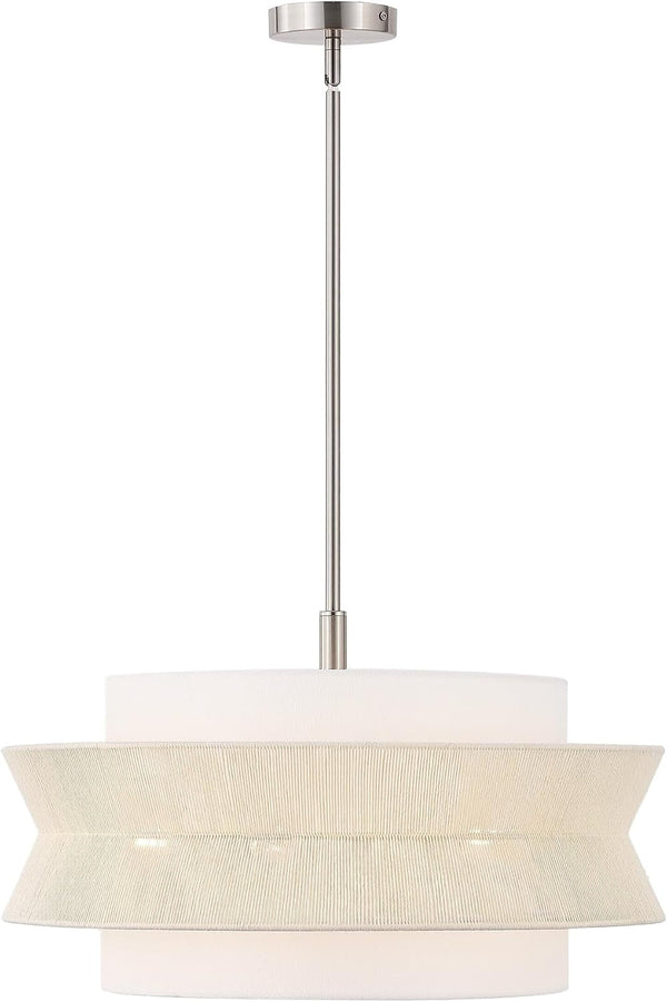 24 in 5-Light Drum Chandelier, Modern Farmhouse Hanging Light with Dual-Layer Woven Rope & Fabric Shade, Brushed Nickel Pendant Light, Adjustable for Dining Room, Kitchen Island, Entryway6