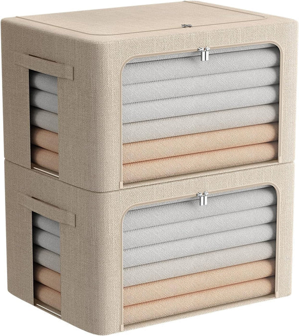 2 Pack Clear Window Storage Bins Foldable Fabric Storage Bins Boxes for Clothes Stackable Box Organizer Set with Carrying Handles (Beige, 22L,15.7X 11.8X 7.8 Inch)1