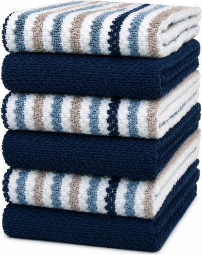 Bumble Kitchen Towels 6 Pack 100% Cotton 16"X26" - Blue Wide Stripe | 430 GSM Soft Kitchen Hand Towels with Hanging Loop, Highly Absorbent & Durable for Washing and Drying Dishes1