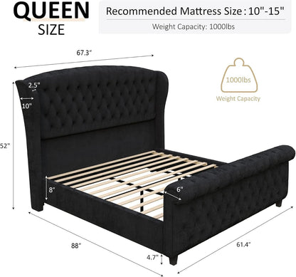 Queen Size Upholstered Sleigh Bed Frame with Wingback Headboard2