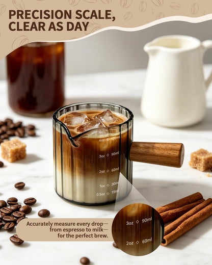 2 Pack Espresso Measuring Cups, 4Oz Borosilicate Glass Espresso Shot Glasses with Wood Handle, V-Shaped Spout Ribbed Milk Frothing Cup, Measuring Cup for Coffee, Latte, Cappuccino, Tea, Syrup4