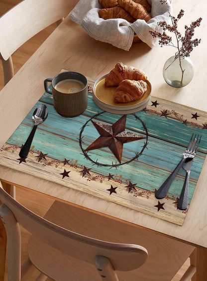 Western Texas Star Placemats Set of 6 Retro Turquoise Wooden Rustic Farmhouse 13X19 Inch Washable Non Slip Linen Table Mats, Rustic Summer Placemats for Dining Table Party Kitchen Decor3