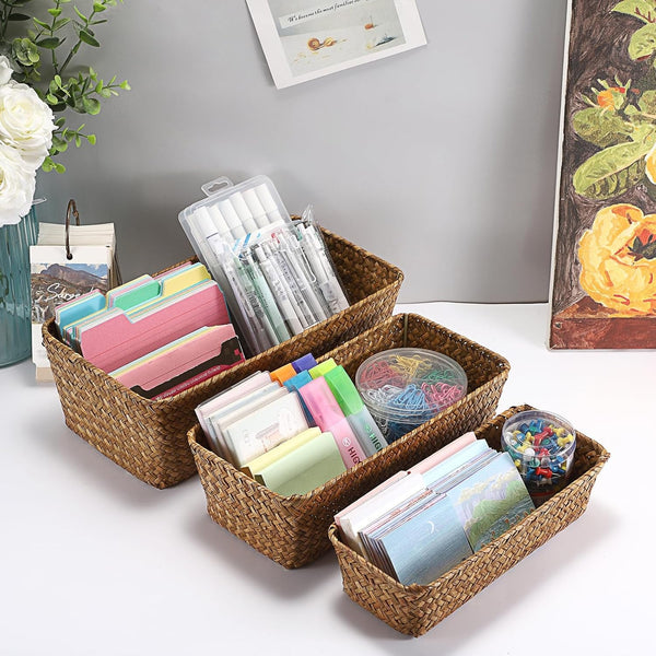 3 Natural Wicker Basket Set Rectangular Seagrass Basket, Caramel6