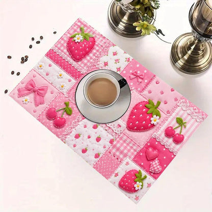 Kawaii Pink Patchwork Quilt Collage Linen Placemat Washable Table Mat for Dining Kitchen Heat Resistant 12"X18"3