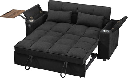 65'' 3-In-1 Folding Convertible Sofa Bed, Pullout Sofa, Modern Chenille Fabric, 360° Swivel Side Table, Easy Assembly, Perfect for Living Room, Black6