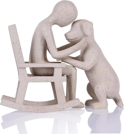 Dog Decor Statue, Cute Man and Dog Decor Small Sculpture for Home Accent, Living Room, Office, Mantle, Bookshelf, Desktop, Floating Shelves, Memory Gifts for Pet Lovers (Sandstone)1