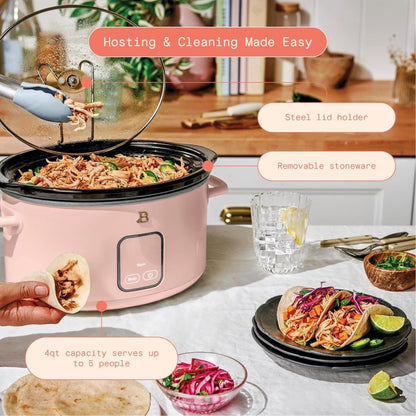 4 Quart Programmable Slow Cooker with Digital Touch Display, Locking Hinged Lid, Stoneware Pot, Auto Warm, Preset Cooking Times, Dishwasher Safe4